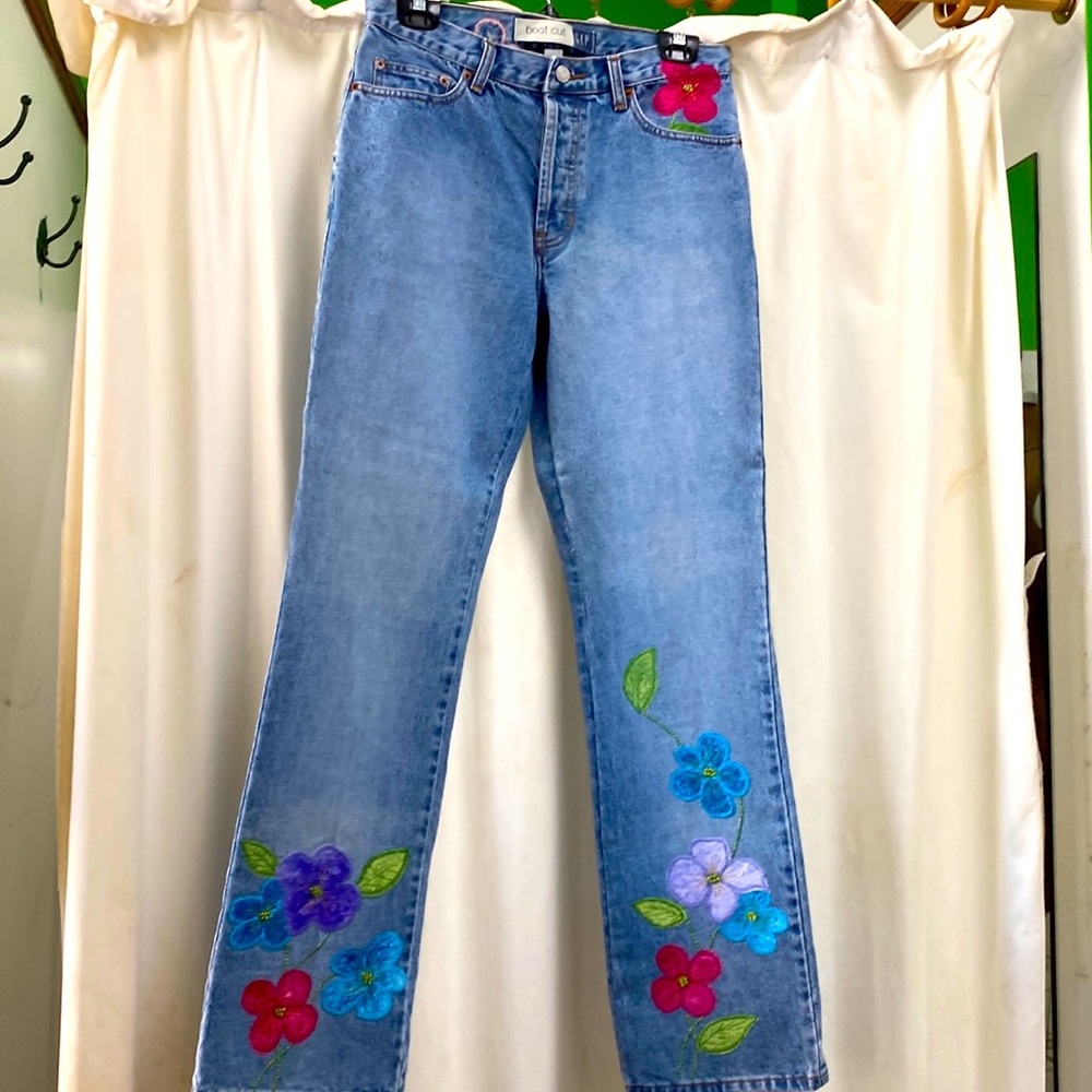 Unique Gap jeans with floral patch and beaded detail!